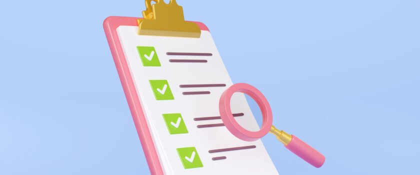 3d illustration pink magnifying glass checklist